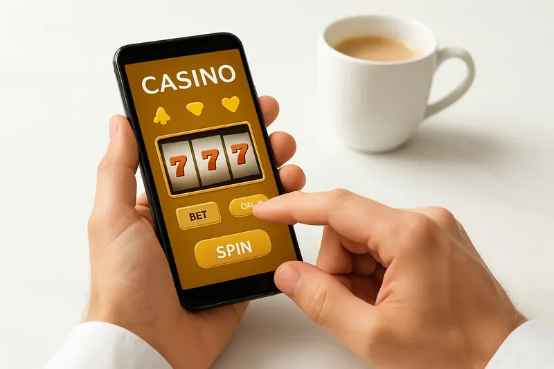 Man tapping mobile casino interface on phone at marble desk