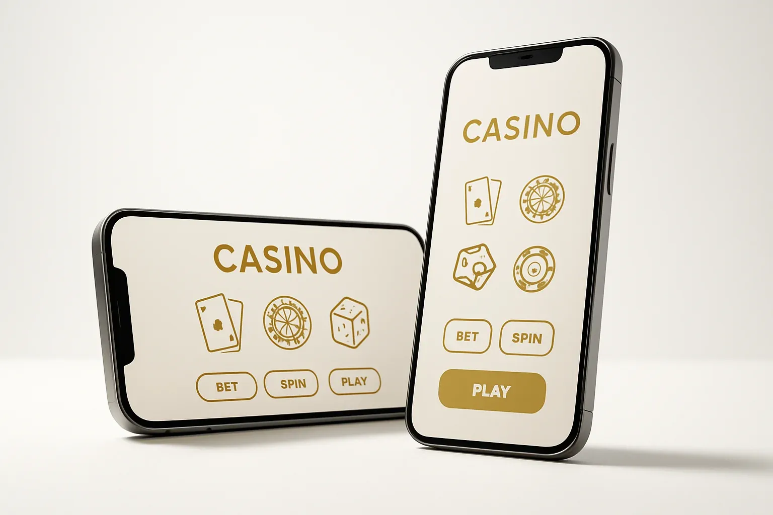 Two smartphones displaying a clean light casino app on white surface