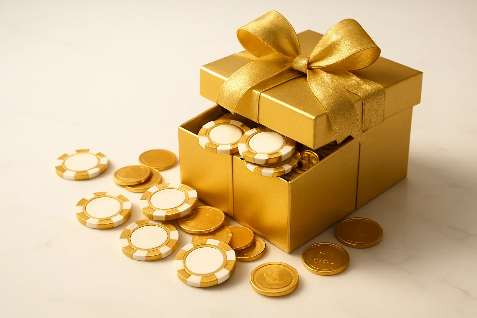 Golden gift box overflowing with poker chips and gold coins