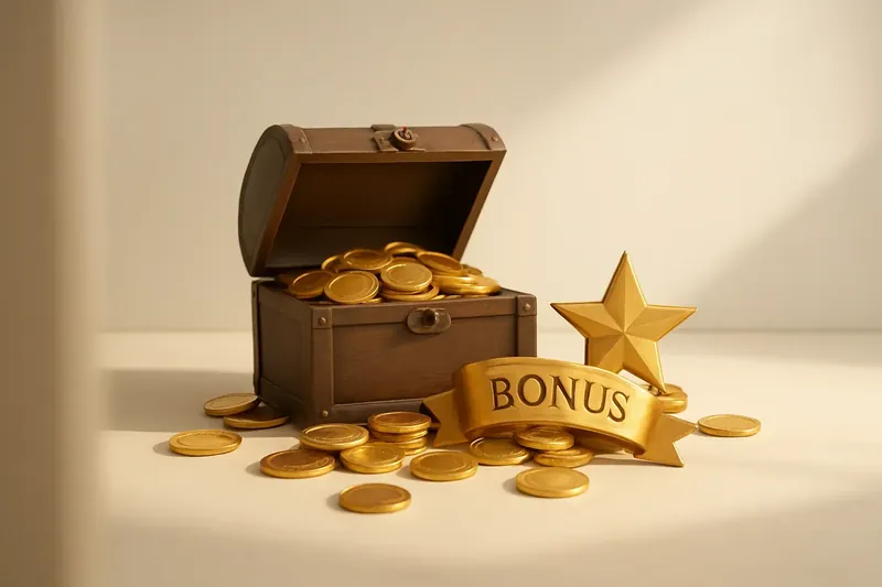 Open treasure box with gold coins, star badge and bonus ribbon