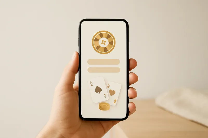 Hand holding smartphone with clean light-themed casino app interface