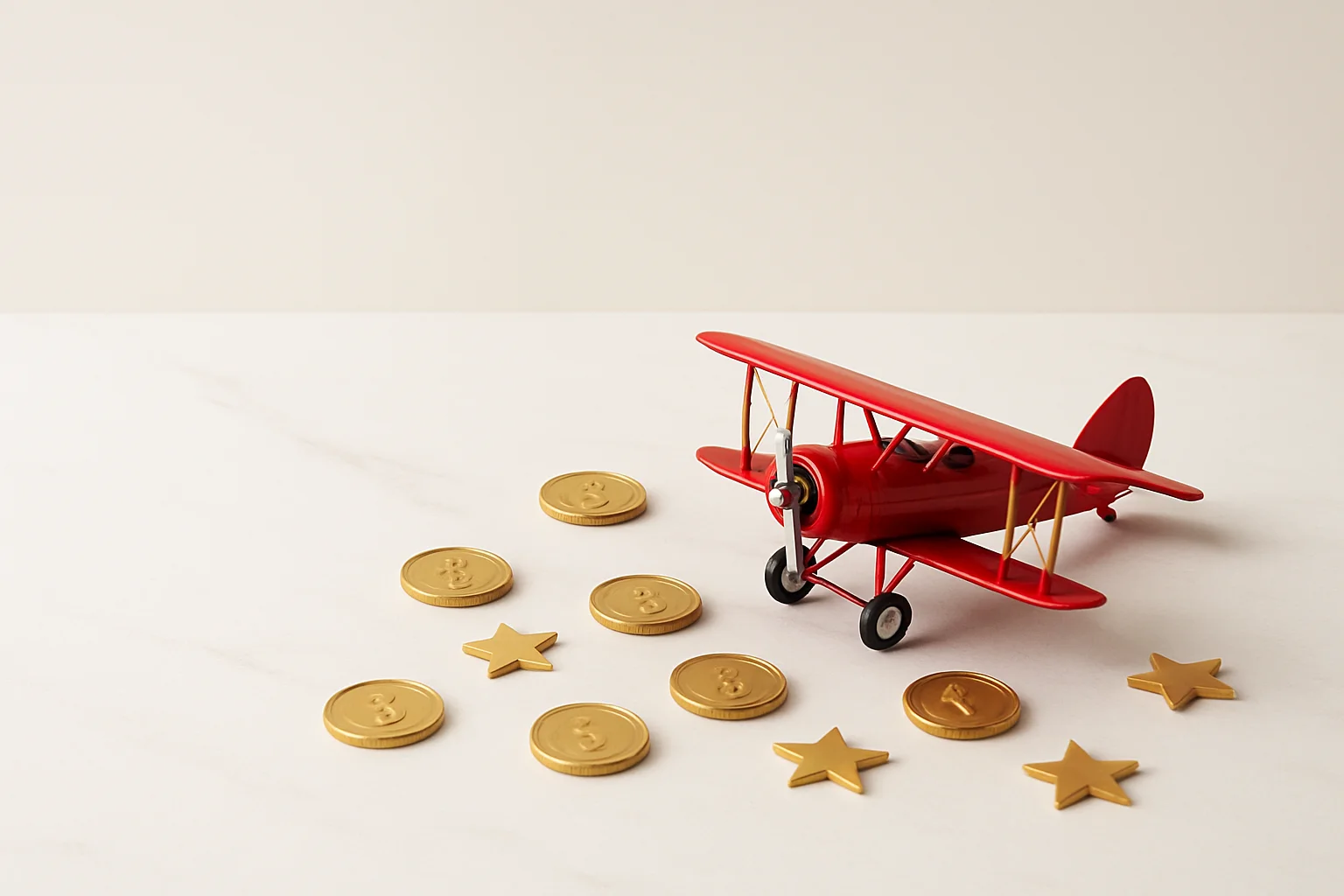 Miniature Red Airplane Miniature red airplane with gold coins and star tokens on marble