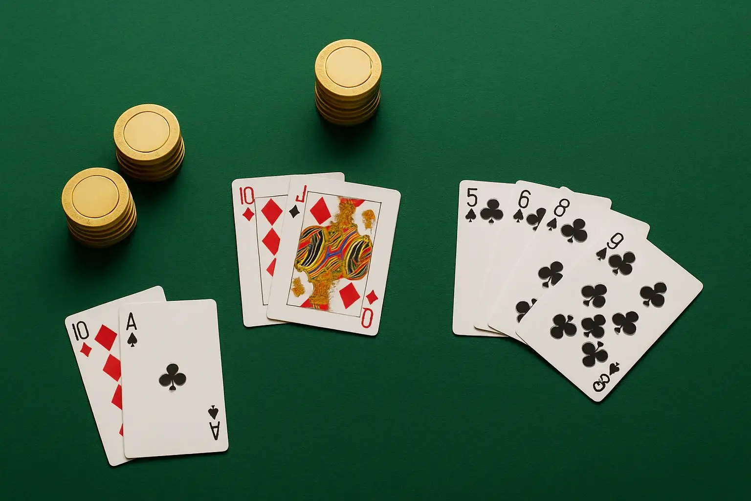 Casino Table Close-Up Green felt casino table with arranged cards and stacked gold chips