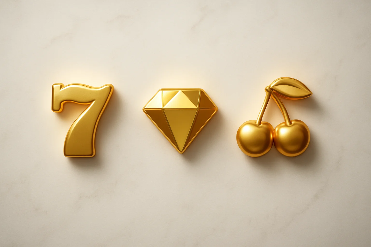 Three polished slot symbols on white marble with warm spotlights